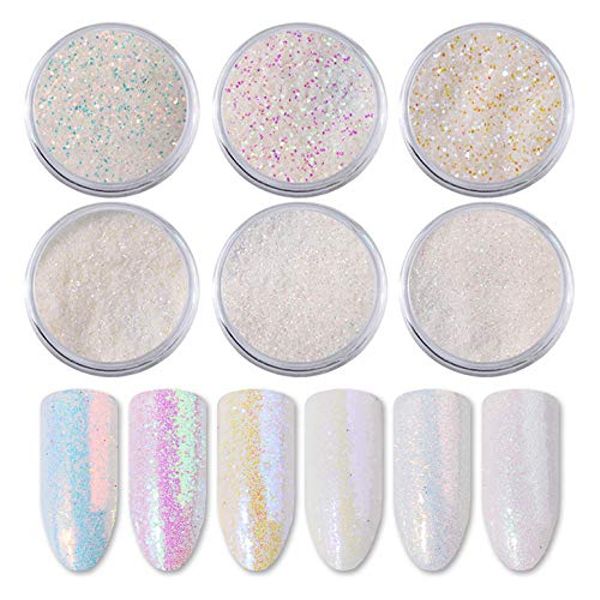 YESLADY White Holographic Sequins 3D Nail Art Glitter Powder Manicure Decoration 6 Pot 6 Count (1 Pack) 6 Colors White Mini Sequins