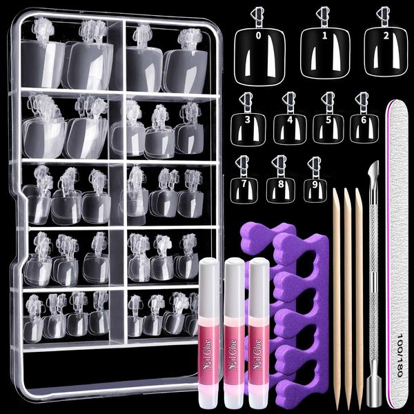 100pcs Clear Press on Fake Toe Nails with Nail Glue, Cuticle Pusher & Nail File, Full Cover False Toenail Kit for Salon