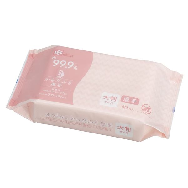 LEC 99.9% Pure Water, Adult Body Wipes, Thick, Large Size, 11.8 x 7.9 inches (30 x 20 cm), Pack of 40, Made in Japan, Weak Acidity, Unscented