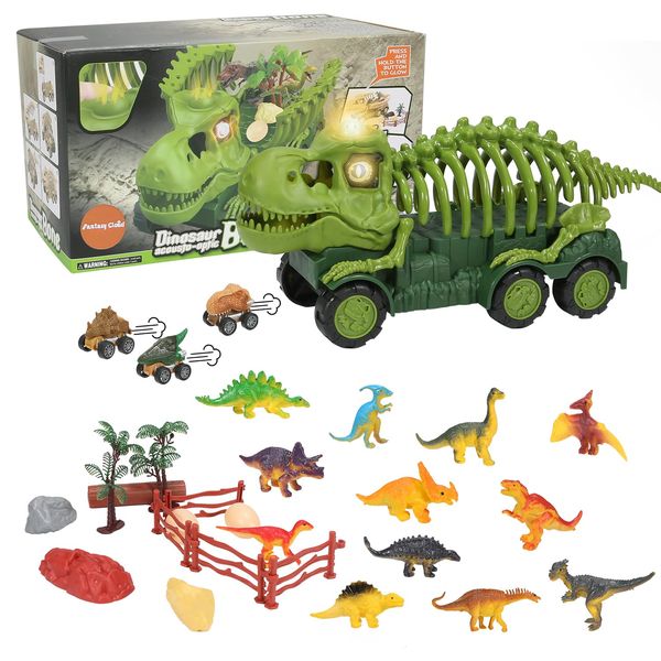 Fantasy Cloud 16 in 1 Dinosaur Toys for Kids 3-5，Dinosaur Truck with 3 Pull Back Cars and 12 Dino Figures，Dinosaur Eggs, Trees, Dinosaur Toy Play Set for Boys and Girls