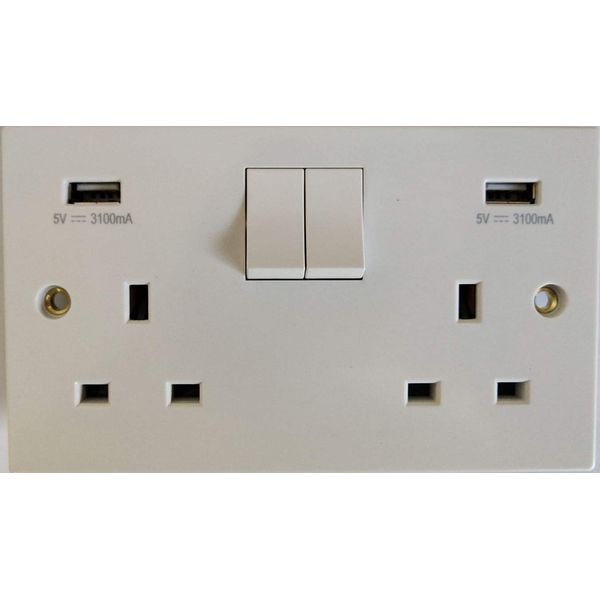 USB Double Socket - White Plastic - 13A Wall Plug USB 2 Gang Socket with 2X 3100mA