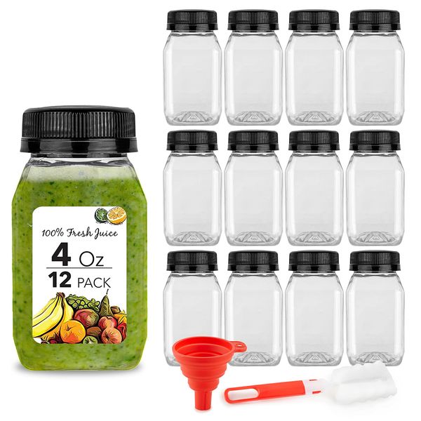 4 Ounce Mini Bottles for Mini Fridge, Reusable Juice Containers with Black Caps for Liquids in Kids Lunch Box, Clear Plastic with Lids (12 Pack)