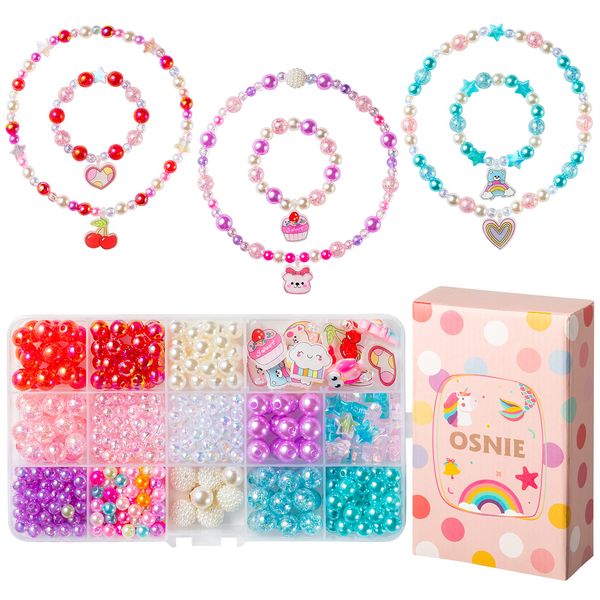 OSNIE Acrylic Bear DIY Bead - Jewelry Making Kit with 400+ Beads & Charms, Heart Cherry Cupcake Cloud Pendants Creative Children Bracelets Necklaces Rings DIY Making Art Craft Bead Kit for Kids Girls