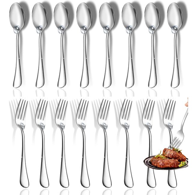 Spoons and Forks Set, Set of 16 Top Food Grade Stainless Steel Forks and Spoons Silverware Set,Kitchen Utensil Set of Forks (8 Inch) and Spoons (6.69 Inch) Cutlery Set, Mirror Finish & Dishwasher Safe