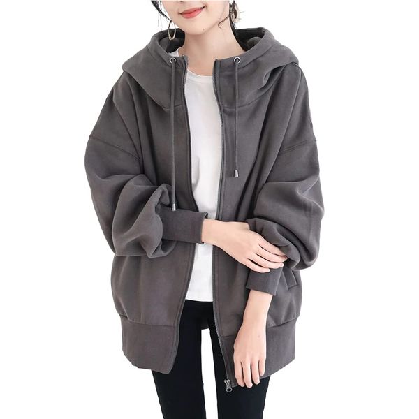 Yuesuo Women's Zip Up Hoodie, Zip Hoodie, Outerwear, Coat, Fleece Lined, Hooded, Long Sleeve, Sweatshirt, Zipper Hoodie, Thick, Long Length, Warm, Cute, Large, Loose, Plain, Pretty, Standing Collar, Casual, Autumn, Winter, gray (dark gray)