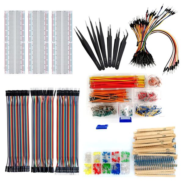 ELOOGAA 3Pcs 830 tie Points breadboards,120Pcs 20cm Dupont Cables,65Pcs Flexible Breadboard Wires,560Pcs U-Shape Jumper Wires,6PCS Tweezers,200Pcs Light Emitting Diode,600Pcs Resistor Kit