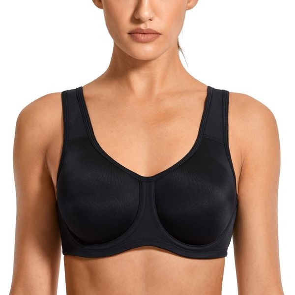 SYROKAN Women's Max Control Underwire Sports Bra High Impact Plus Size with Adjustable Straps Black 38DD