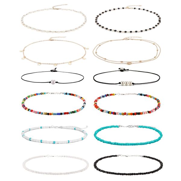 Wremily 4-12 Pieces Beaded Choker Necklaces for Women Girls Boho Seed Bead Choker Set Hawaiian Handmade Turquoise Beach Beads Necklace Chain Jewelry