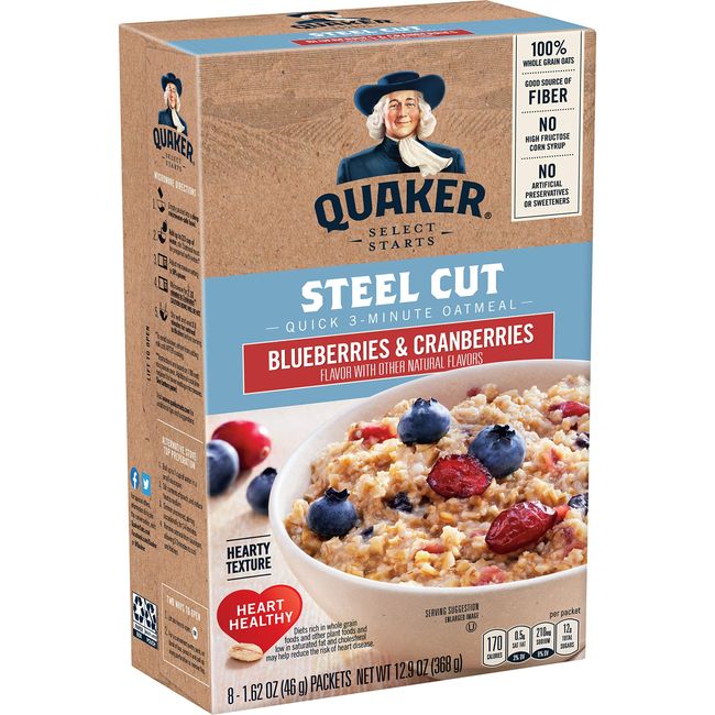 Quaker Steel Cut Oats, Quick 3-minute Oatmeal, Cranberries and Blueberries, Breakfast Cereal, 8 Packets Per Box (Pack of 6 Boxes)