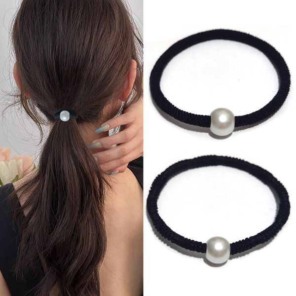 Fuyunohi Hair Rubber Black Pearl Hair Clip, Set of 2, Korean Style Hair Elastic Black Rubber Stretchable Hair Elastic for Adults, Non-marking Rubber Hair Ring, Hair Accessories, Hair Arrangement,