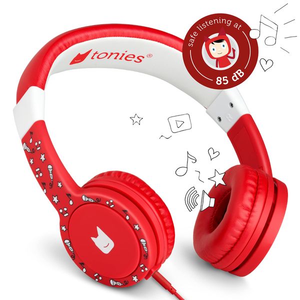 tonies Kids Headphones Wired for Toniebox, Kid-Safe Volume-Limiting Cushioned Over Ear Headphones for Listening to Audiobooks, 1.2m Cable and 3.5mm Jack, Red