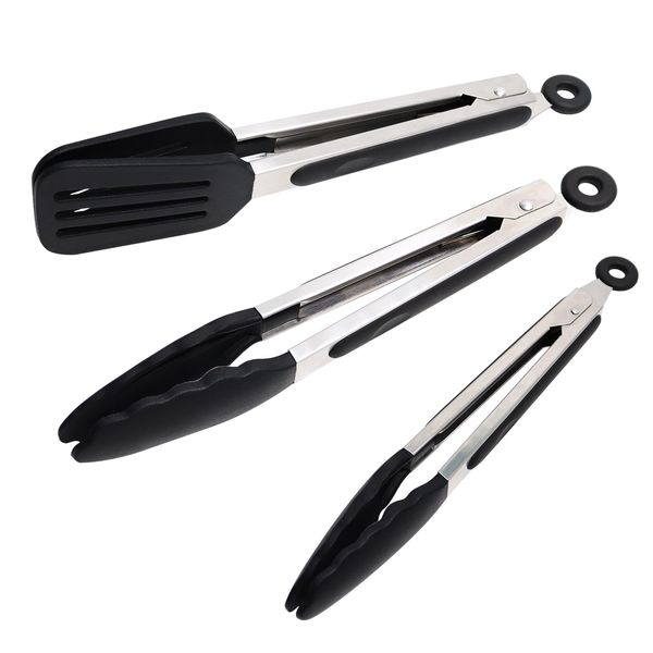 Alimat PluS 3PCS Cooking tongs with Holder, Tongs with Silicone Tip (9+9+7Inch), Useful Kitchen Tongs, Tongs for Cooking, Silicone Tongs with Lockinig