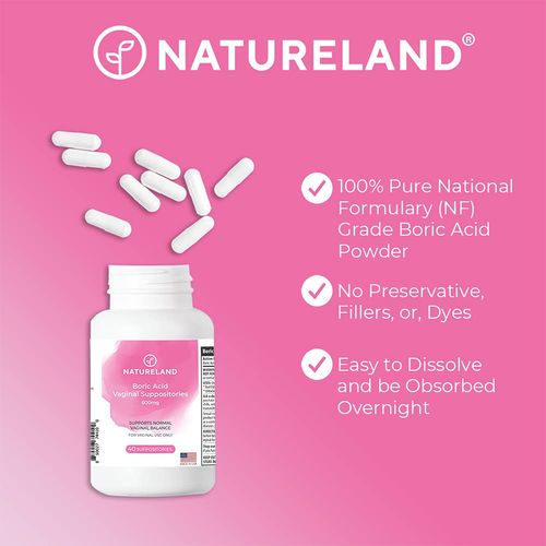 Natureland 40 Count, 600mg Boric Acid Vaginal Suppositories, Made in USA, Restore pH Balance and Reduce Dryness, Odors, Itchiness, and Discharge, Support Intimate Health (40 Count (Pack of 1))