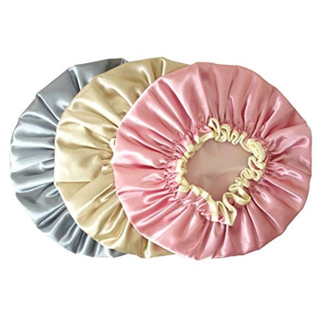 HappyDaily 3 Pack Fashion and Supersoft Waterproof Shower Cap with Double-Layer, Ideal Choice for Showering (3, Pink+Gold+Grey)