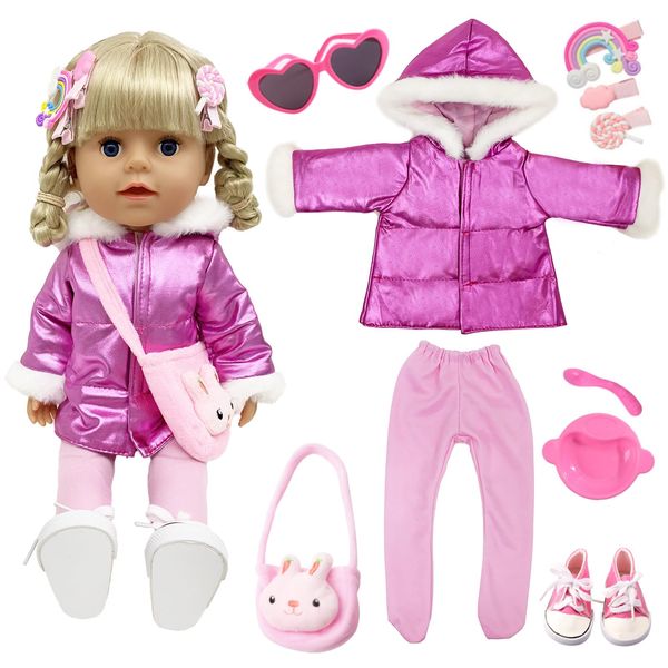 10 PCS Baby Doll Clothes and Accessories for 12 14 15 18 inch Winter Doll Outfit Set Down Coat Pants Shoes Bag Glasses 3 Hair Clips Fits 30-45cm New Born Baby Doll Christmas Birthday Gift for Girls