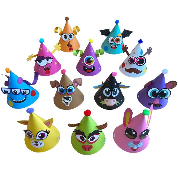 Kissymix Make Your Own Party Hat Pack of 12 Colourful, Funny Animal, Alien and Monster Party Hats for Crafting at Birthdays and Celebrations