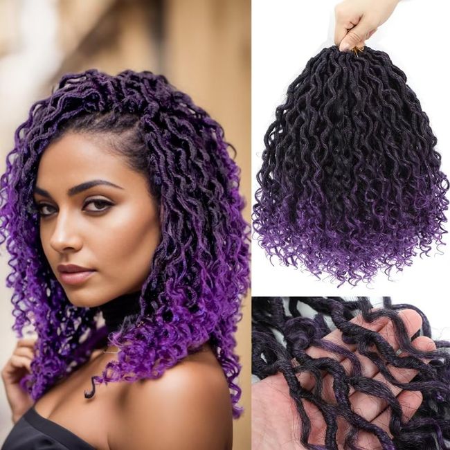 Purple River Locs Crochet Hair Black Women 8 Packs 10Inch Short Goddess Locs Crochet Hair Curly Faux Locs Hair Pre Looped Crochet Braids Boho Hippie Locs Hair Extensions (#T1B/Purple 10inch)