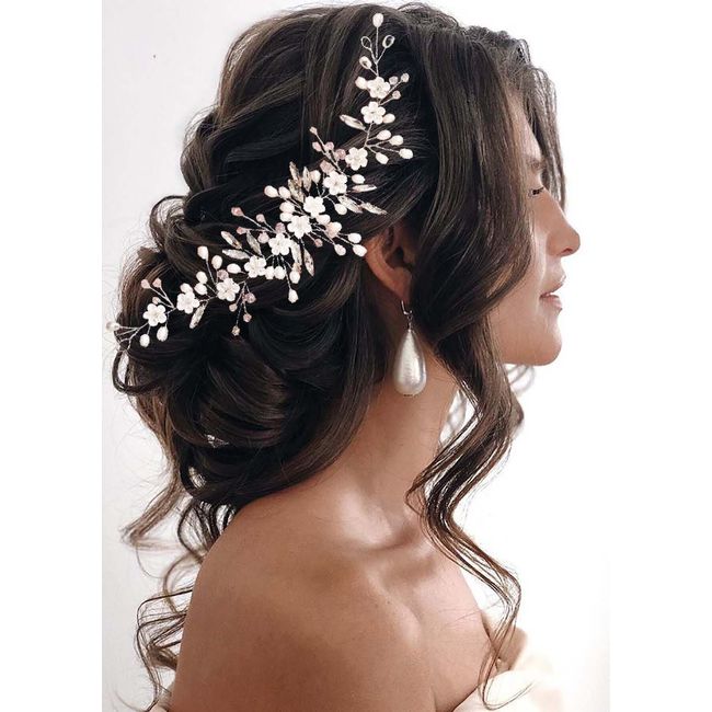 Unicra Flower Bride Wedding Hair Vine Silver Crystal Hair Accessories Pearl Bridal Headpiece for Women and Bridesmaid