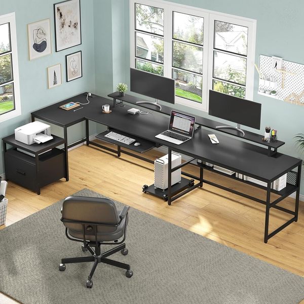 Reversible L Shaped Home Office Desk, 101.5'' Computer Desk with Power Outlet