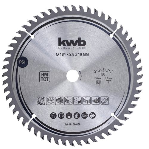 kwb 586168 Joiner's circular saw blade, wood/hardwood, 184 x 16 mm cuts, high number, 56 teeth Z-56, precision saw blade fine, 184 x 16