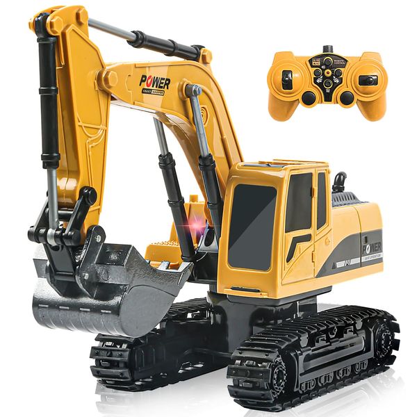 ID Gerilla Remote Control Excavator Toy, RC Construction - Metal Shovel Digger Vehicles with Lights Sounds and 680° Rotation Digging Sand, Christmas Birthday Present for Aged 3 4 5 6-10 + Year Old