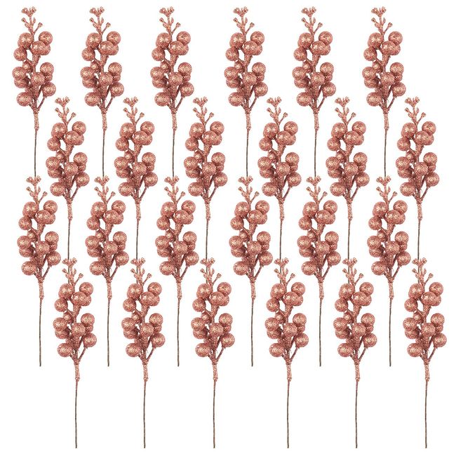 Crafare 24 Pack Rose Gold Christmas Glitter Berries Stems Artificial Christmas Picks for Christmas Tree Ornaments Wreath, Crafts, Holiday and Home Decor