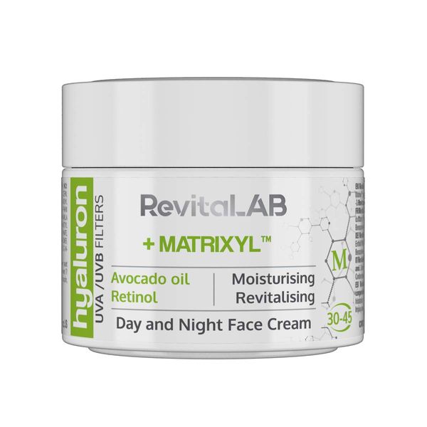 RevitaLAB Hyaluron Anti-Aging Day and Night Cream, Enriched with Avocado Oil, Matrixyl, Retinol and UV Filters for Ages 30 – 45, 50 ml