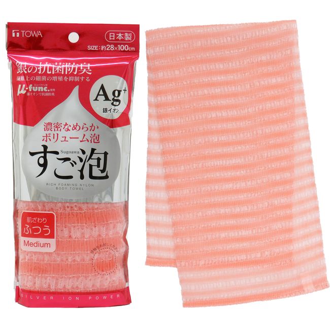 Towa Sangyo Body Towel, Super Foam Silver Antibacterial Nylon Towel, Regular, Pink, Approx. 11.0 x 39.4 inches (28 x 100 cm)