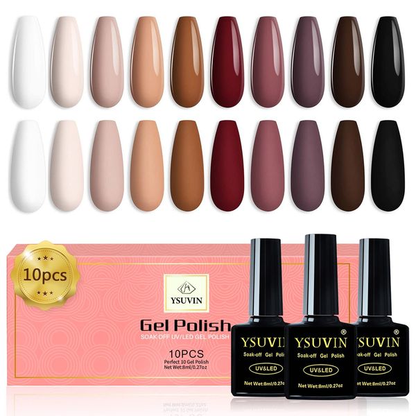 Yueshop 10 Colors Gel Nail Polish,Beige Brown Black Reddish Brown White Gel Polish Set Soak Off UV LED Gel Nail Varnish Autumn and Winter Manicure DIY Kit For Women,8ml