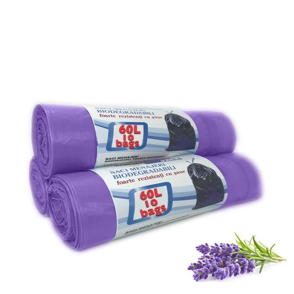 60L Lavender Scented Bin Bags,Very Strong, Set 3 Rolls Counts 30 bags, Bin Liners with Drawstring 100% Recycled Trash Bags for Kitchen, Office