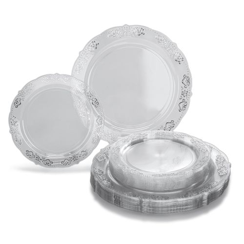 " OCCASIONS " 120 Plates Pack,(60 Guests) Vintage Wedding Party Disposable Plastic Plates Set -60x10.25'' Dinner+ 60x7.5'' Salad/Dessert Plate (Portofino in Clear/Silver)