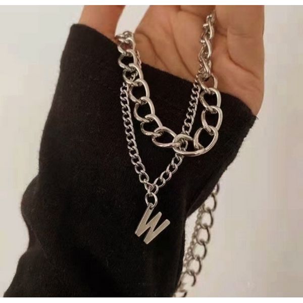 [2 SET] Double W Layered Necklace / Silver Double Chain Mix Chain Two-Line Thick Chain Kitsch Bold Chain CH1014N