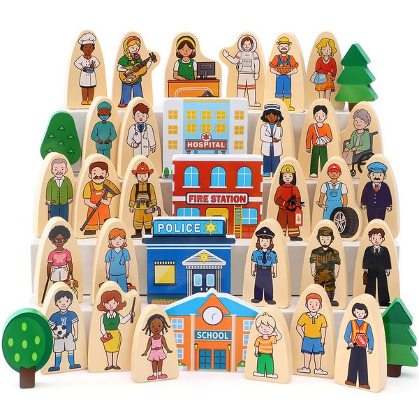 Atoylink 36Pcs Wooden Community Helpers Pretend Play Toys for Kids 3 4 5 6 Year Old, Little People Figures Wooden Blocks Occupations Dress up Toddlers Preschool Learning Toys Boys Girls Birthday Gifts