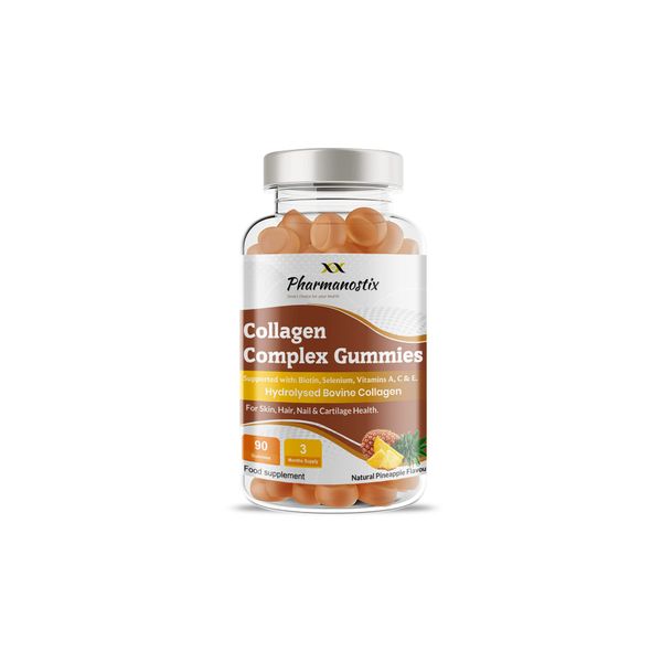 Pharmanostix Collagen Complex 90 Gummies - Natural Pineapple Flavour - Hydrolysed Bovine Collagen Supported with Biotin, Vitamin C & Selenium -3 Months Supply - For Healthy Skin & Hair for Men & Women