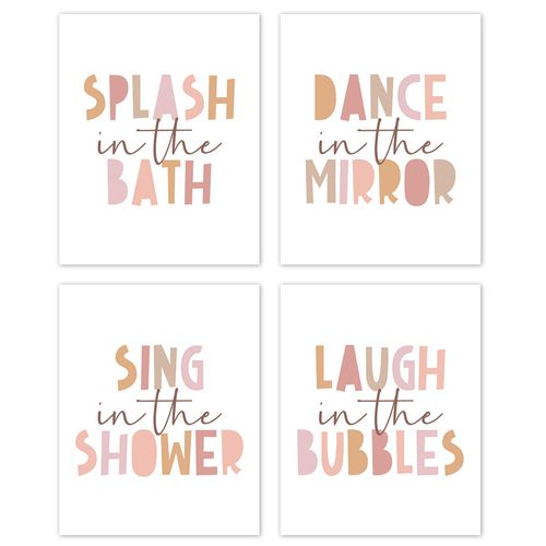 TLESKE Pink Girls Kids Bathroom Splash in the Bath Posters Prints Unframed 8x10 Set of 4, Dance in the Mirror Wall Art Prints Decor, Sing in the Shower Wall Pictures