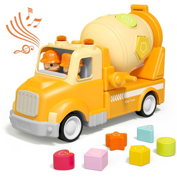 Cement Mixer Truck Construction Car Toys For Kids, Construction Car with Sound and Light, Shape Sorter Learning & Education Preschool Vehicle for 18M+ 2 3 4 5 Years Old Boy Christmas Birthday Gift