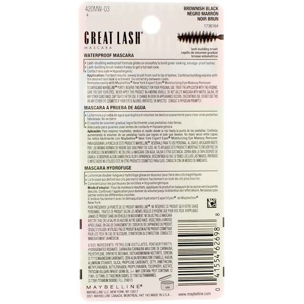 Maybelline New York Great Lash Waterproof Mascara, Brownish Black [112] 0.43 oz (Pack of 4)