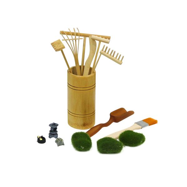 Mini Zen Garden Rake Tool - Tabletop Meditation Rock Sand Garden Kits with Moss Rakes Brusher Spoon Figurines Holder