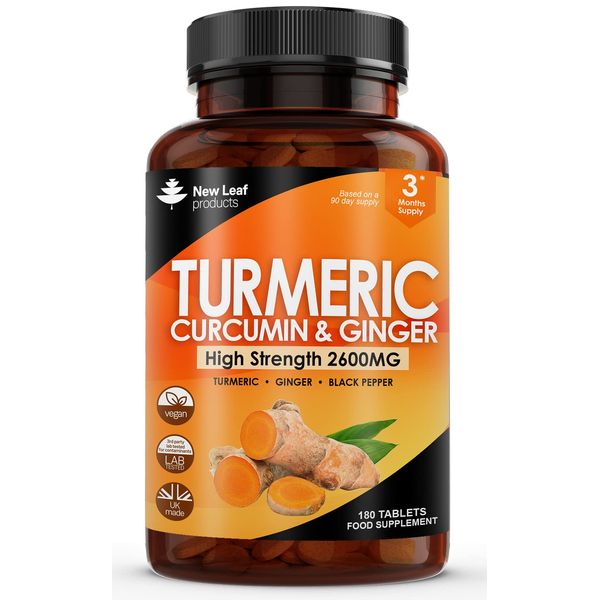 Turmeric Tablets 2600mg with Black Pepper & Ginger - 95% Curcumin Extract - 180 Turmeric and Black Pepper Tablets (3 Month) High Strength Active Turmeric Supplements Not Turmeric Capsules,by New Leaf