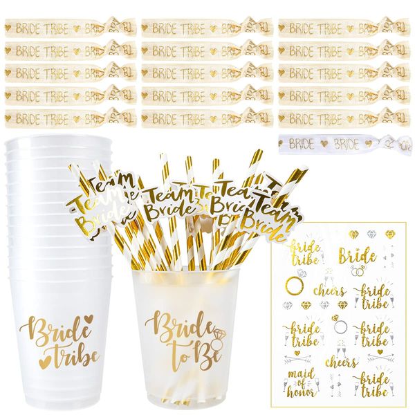 iZoeL Hen Party Accessories Hen Do Accessories, Hen Party Cups Straws 16 Set Bride Tribe Cups Team Bride Cups, Bride Bracelet Tattoos Bride Tribe - Bachelorette Party Bridal Shower Decoration