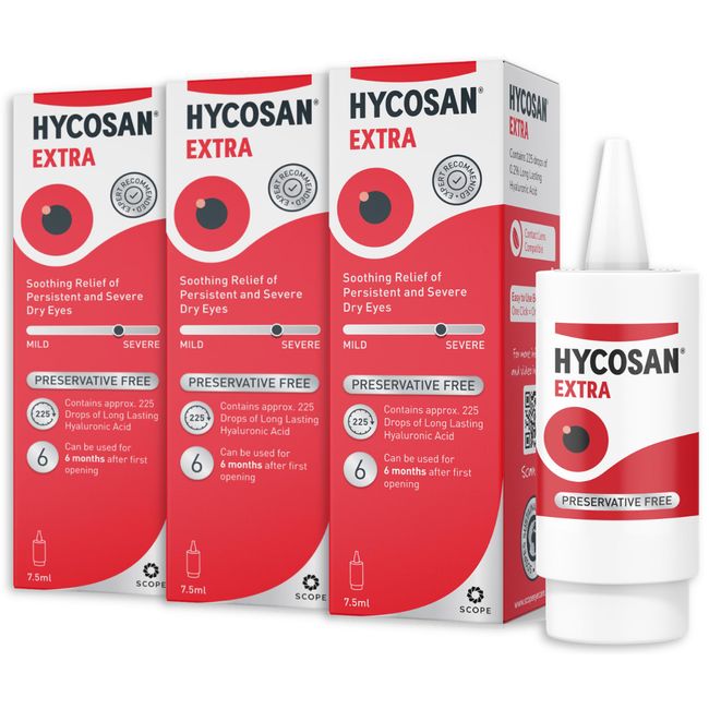 Hycosan Extra - Triple Pack - Preservative Free Eye Drops - Sodium Hyaluronate 0.2% - for Treatment of Dry Eyes - 3x7.5ml