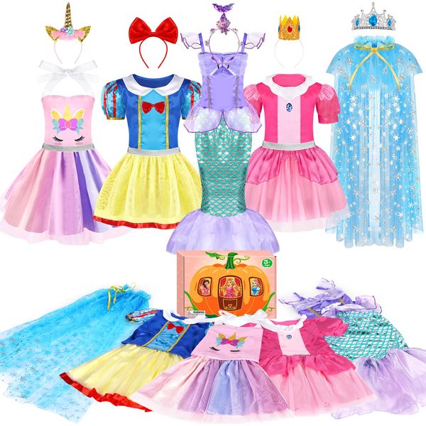 EULRGAUS Princess Dress Up, Toddler Dress Up Clothes, Role Play Princess Costume Gift Set with Princess Dresses and Princess Toys, Cosplay Pretend Play Toys for Girls Aged 3-6 Birthday Party Gifts