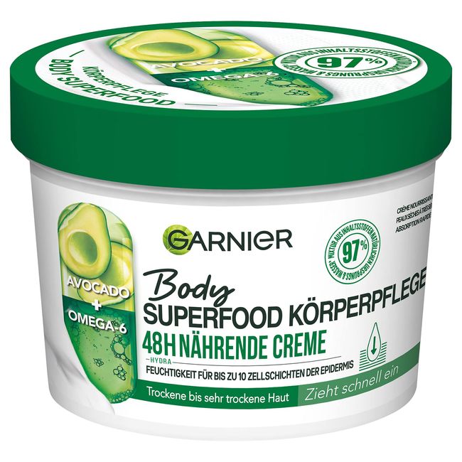 Garnier Nährende Körperpflege für trockene Haut, Body Butter mit Avocado und Omega 6, Für bis zu 48 Stunden Feuchtigkeit, Body Superfood, 1 x 380 ml