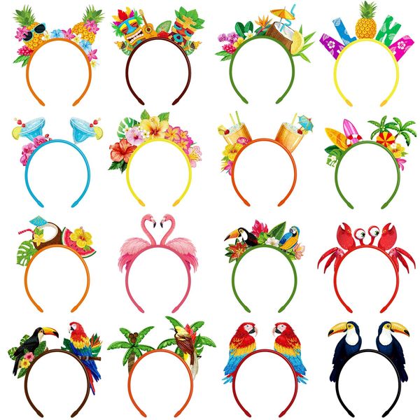 Capoda 16 Pieces Hawaiian Party Favors - Felt Luau Head Boppers, Flamingo Pineapple Palm Tree Tiki Aloha, Tropical Summer Beach Accessories