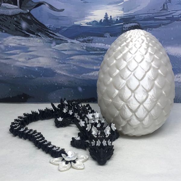 3D Printed Cherry Blossom Dragon with Dragon Egg, 12" Articulated Black and White Cherry Blossom Dragon, Executive Desk Toys,Fidget Autism/ADHD Toy D019-WHT