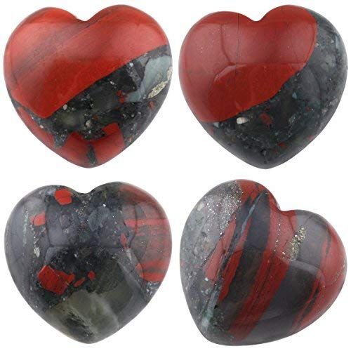 Shanxing Set of 4 25mm Natural African Bloodstone Mini Heart Crystal Stones, Polished Tumbled Blood Stone Crystal Puff Love Heart Stone Gift Reiki Crystal Chakra Healing Pocket Stone Heart Room Decor
