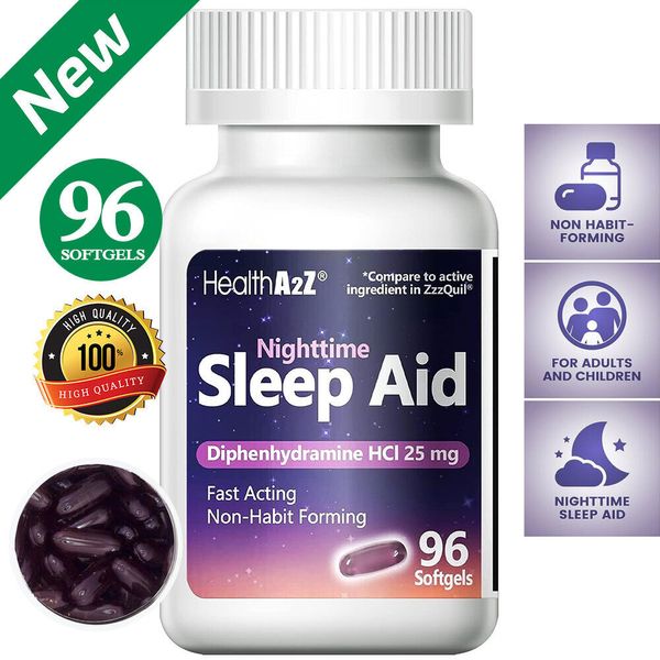 Nighttime Sleep Aid Fall Asleep Fast Softgels Diphenhydramine 25mg 96 Softgels