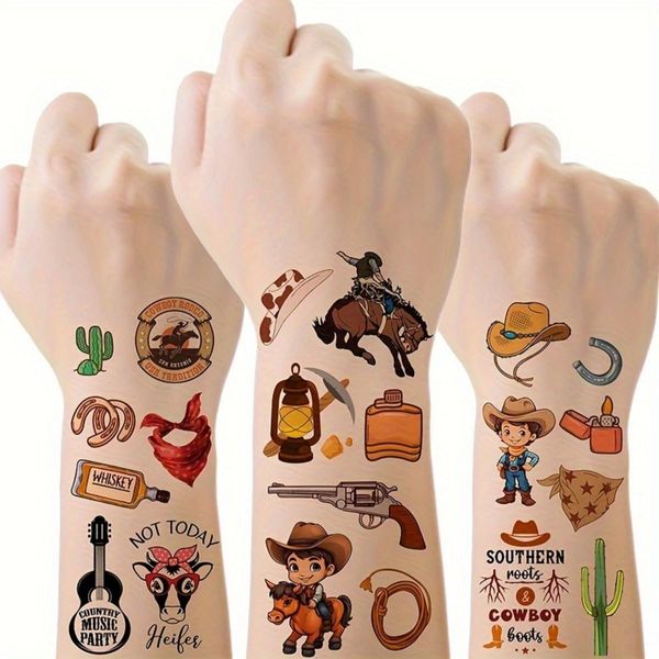 65Pcs Cowboy Temporary Tattoos for Kids, 12 Sheets Western Cowboy hats Boots Fake Tattoo Stickers for Boys Birthday Party Favors Decorations Supplies Crafts Goodie Bag Fillers