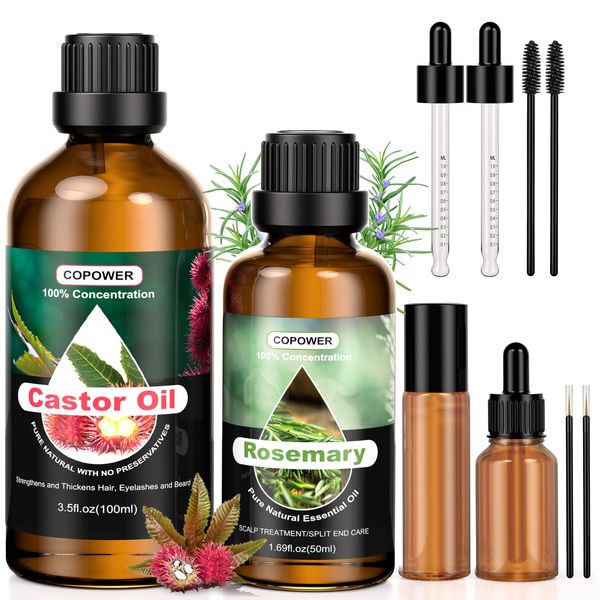 COPOWER Rosmarinöl Haare, Rizinusöl, 2PCS Haaröl 150ml, 100% Rein Natürlich Ätherisches Öle, Veganic Hair Growth Oil für das Haut Haare Nägel Bart, Wachstum von Augenbrauen und Wimpern, mit 2 Pipette