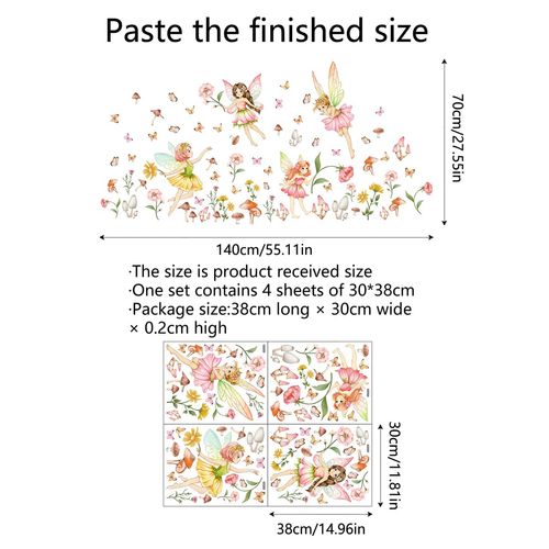 Flower Fairy Wall Decal, Woodland Mushroom Wall Decals, Butterfly Girl Wall Stickers，Removable Floral Wall Murals Peel and Stick Kids Wall Art Wallpaper Living Room Nursery Playroom.